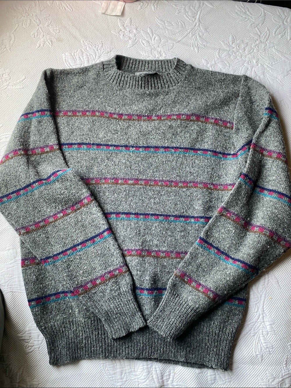 Jantzen Grey Crewneck Sweater with Pink and Blue Stripe Accents